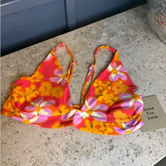 Stone Fox Daya Lei Lei Bikini Top XL Orange Floral Strappy Swimsuit Bathing NWT - Picture 3 of 4
